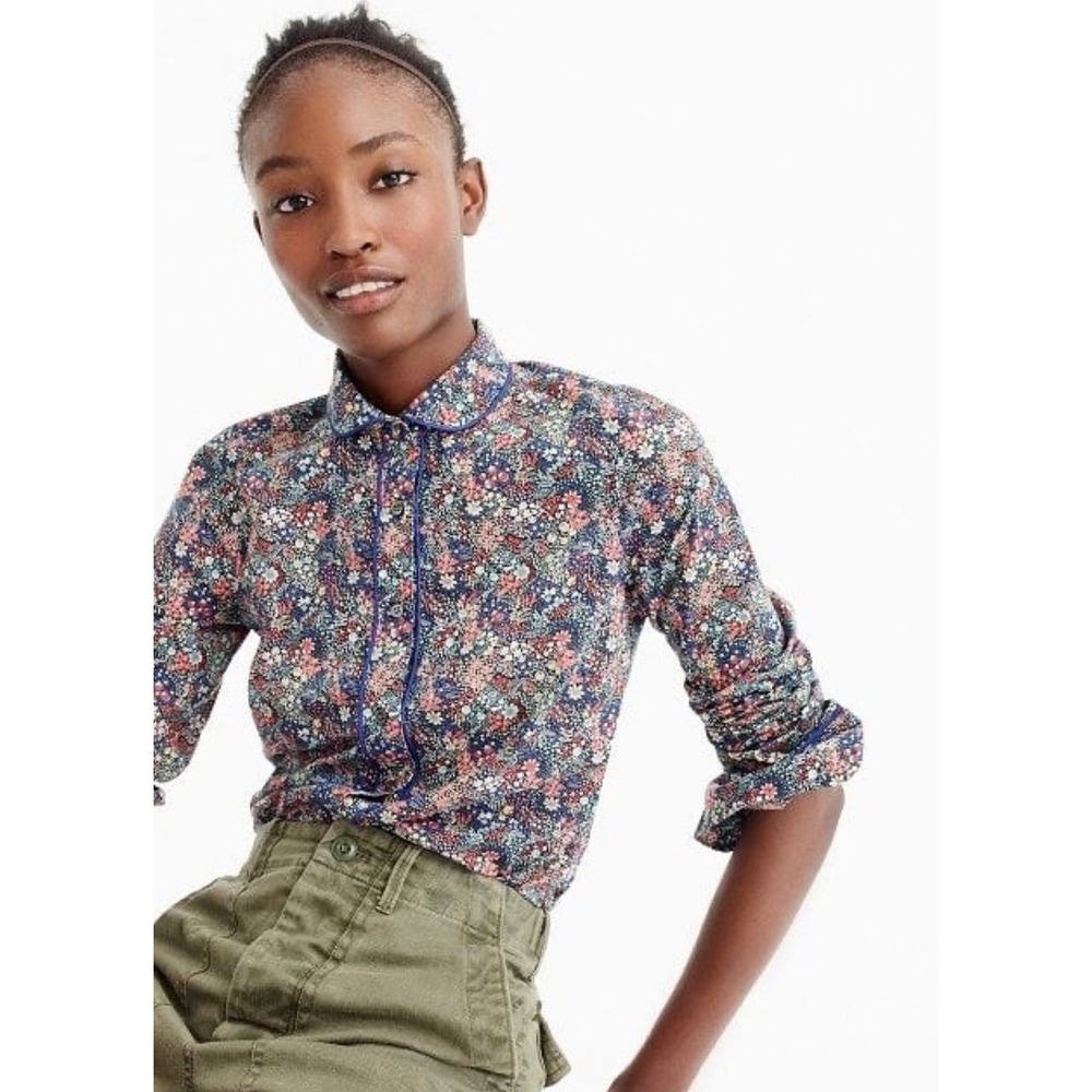 J.Crew Liberty Perfect Shirt Peter Pan Collar Elderberry Floral Blue Piping 4